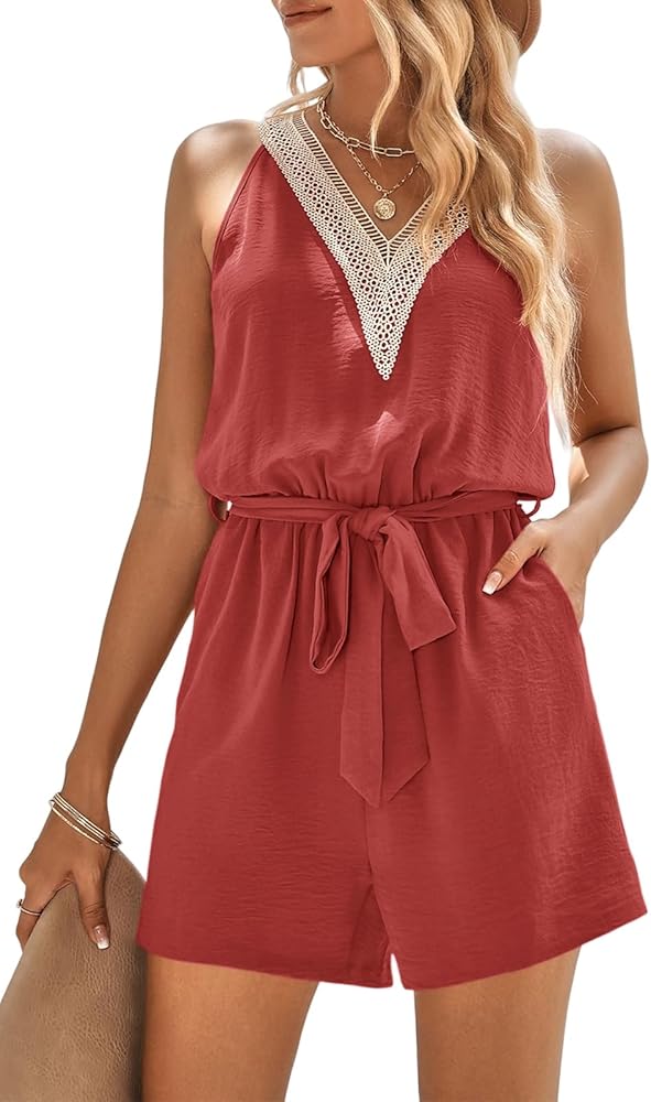 PRETTYGARDEN Women's Summer Sexy V Neck Romper 2024 Fashion Sleeveless Casual Waist Tie Short Jumpsuit With Pocket