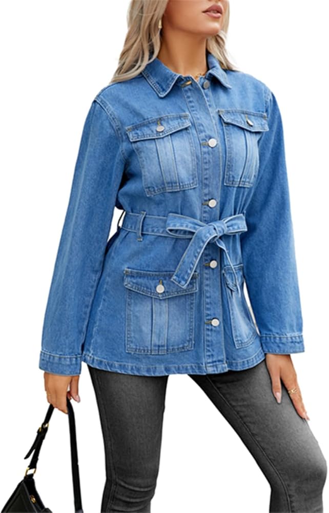 Ladyful Womens Denim Jacket Long Sleeve Jean Coat Outerwear with Blet