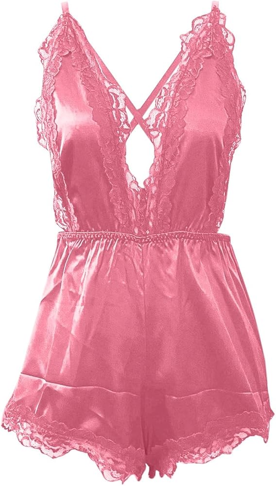 Silky Satin Pajamas for Women Lace Scalloped Trim Lounge Sleepwear Deep V Neck Strappy Sleeveless Nightwear No Show Nightie