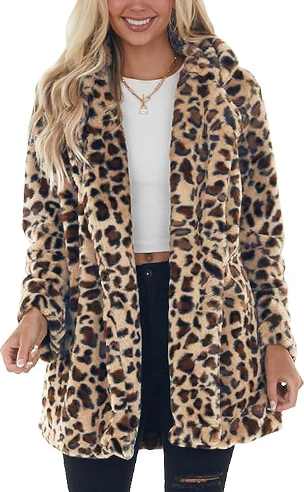 Women's Oversized Faux Fur Jackets Leopard Coats Open Front Fuzzy Cardigan Overcoat