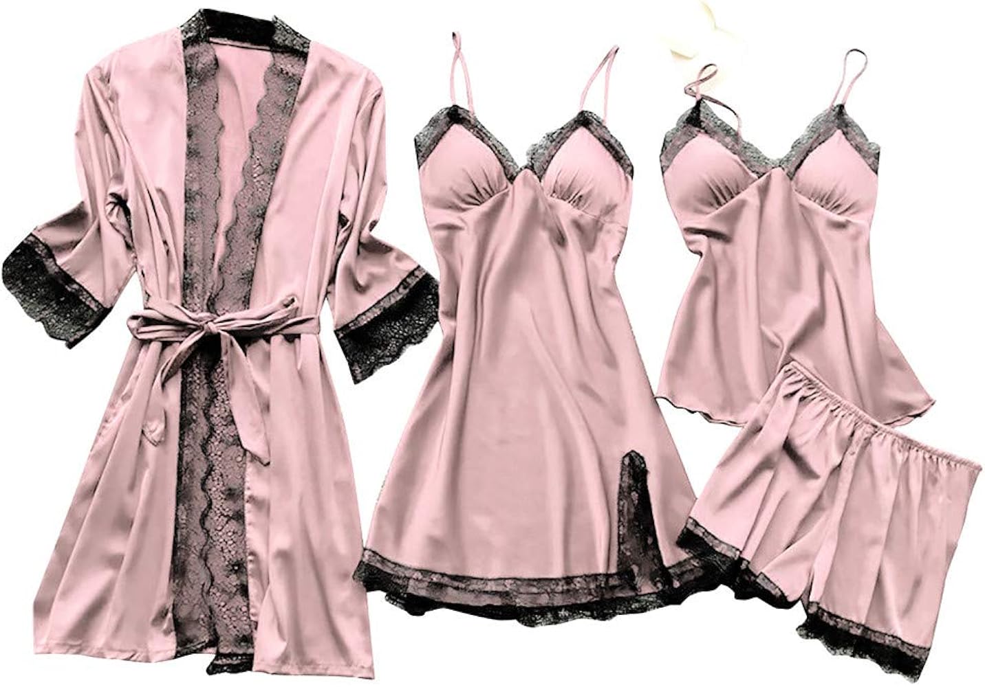 Women's Satin Pajama Set 4PCS Floral Lace Trim Sleepwear Soft Comfy Lingerie Underwear Sexy Nightgown with Robes