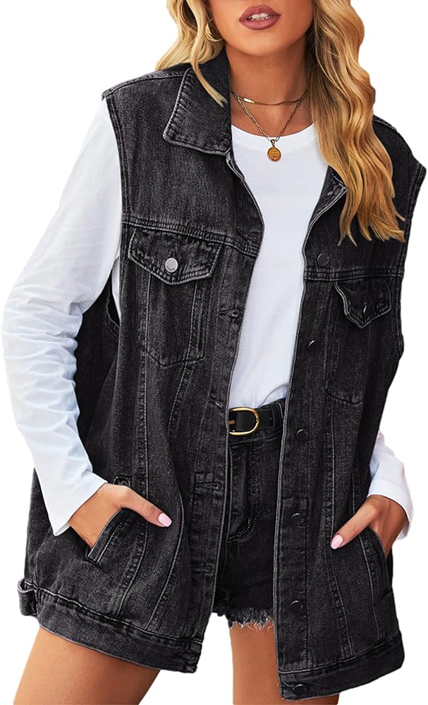 Denim Jean Vest for Women Oversized Sleeveless Button Down Hooded Denim Waistcoat(0027-02Black-XL)