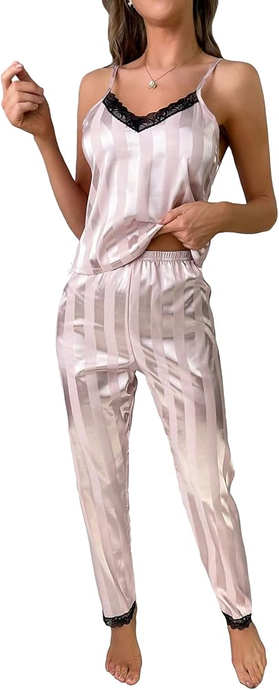 WDIRARA Women's 2 Piece Set Allover Print Sleepwear Lace Trim Satin Pajama Set