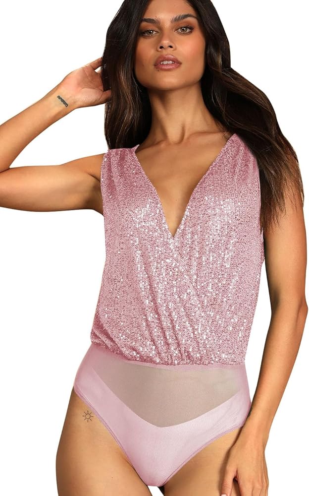 Deep V Bodysuit for Women Sequin Sparkly Sleeveless Tops Sexy Backless Tank Top