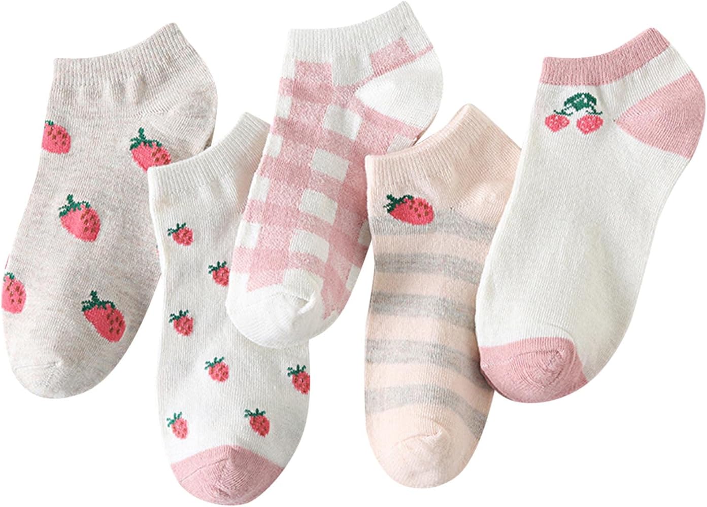 5 Pairs Women Strawberry Print Socks Cartoon Cute Summer Crew Socks Fashion Comfortable Low Cut Ankle Sock