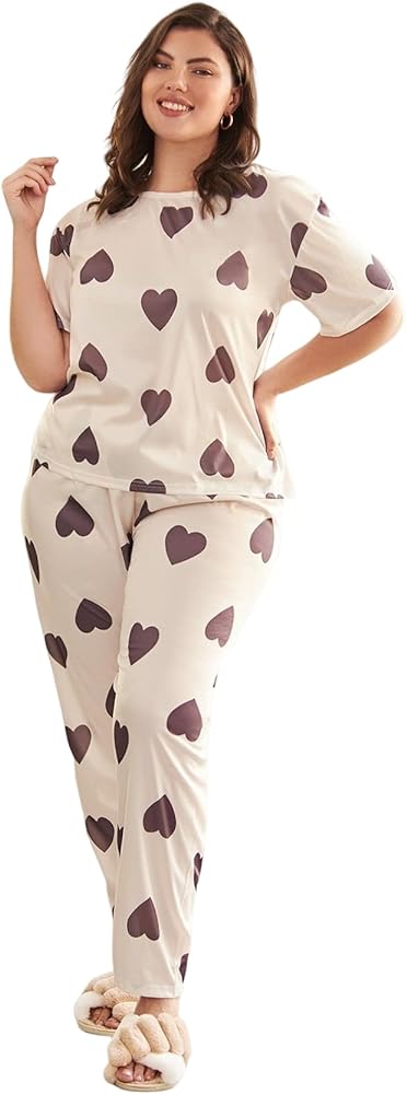 WDIRARA Women's Plus Size Pajama Set Heart Print Short Sleeve Top And Pants With Eye Cover