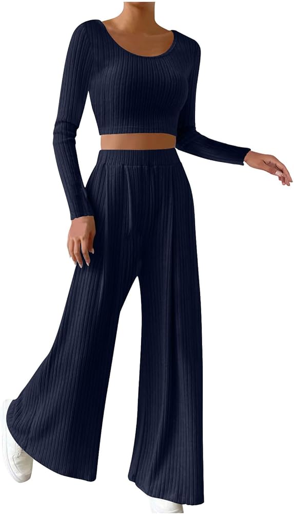 Women's Two Piece Lounge Set Long Sleeve Bodycon Ribbed Knit Crop Top Loose Wide Leg Pant Casual Outfits Sweatsuit