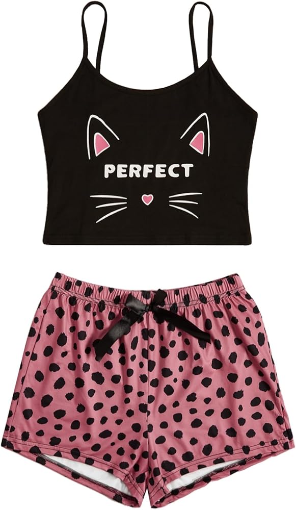 GORGLITTER Women's 2 Piece Cute Graphic Pajama Sets Cami Top and Bow Front Shorts Sleepwear