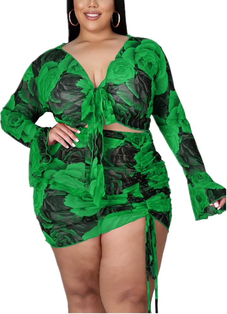 MRSYVES Plus Size 2 Piece for Women Summer Boho Front Tie Knot Crop Top Drawstring Shorts Set Floral Print Cover Up Green XL