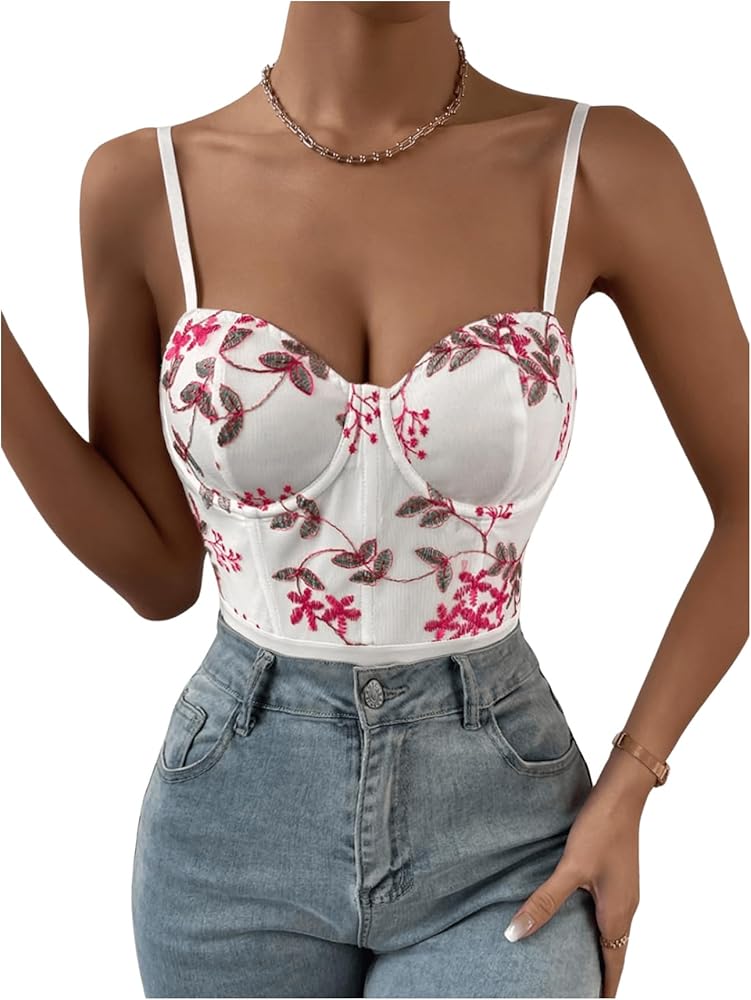 Milumia Women Floral Embroidery Corset Top Spaghetti Strap Cami Bodysuit Bustier Tops