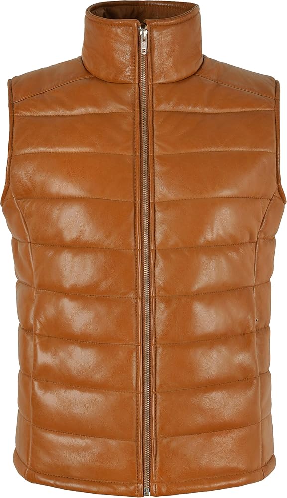 Womens Padded Vest Puffer Bodywarmer Real Leather Sleeveless Quilted Waistcoat 5630