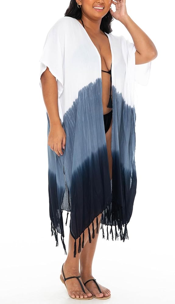 SHU-SHI Womens Plus Size Kimono Cardigan Fringe Ombre Swimwear Extra Wide Flowy Robe Beach Cover Up Open Front Fits L-XXL