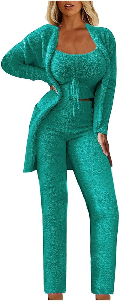 RMXEi Women's Winter Casual Solid Color Drawstring Plush Coat 2-Piece Pajama Suit