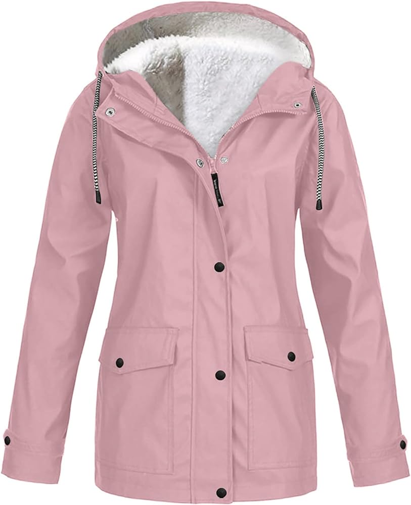 Plus Size Winter Coats for Women 2024 Raincoats Waterproof Rain Jacket Warm Sherpa Fleece Lined Distressed Jackets with Hood