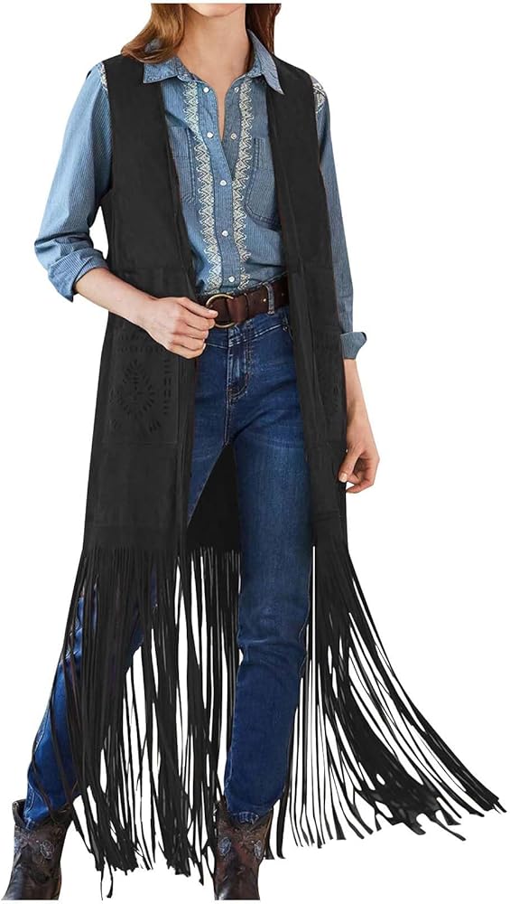 Women's Long Tassel Vest, 70s Hippie Faux Suede Sleeveless Fringe Jacket Retro Western Style Outwear Shawl Coat