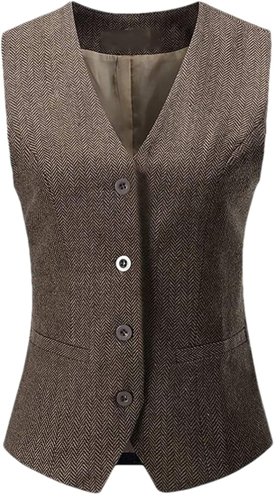 Women's Retro Herringbone Tweed Suit Vest Waistcoat Dress Steampunk Style Lady Jacket