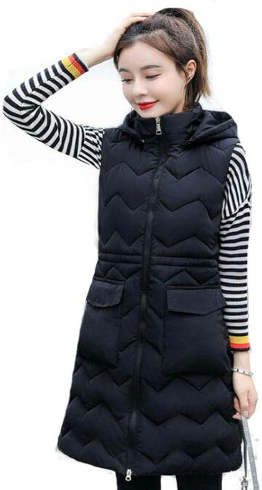 Women's Light Long Down Vest Jacket Sleeveless Hooded Coat With Pockets