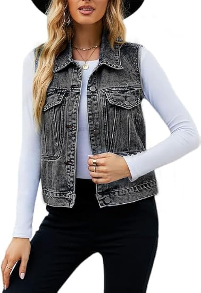 Ladyful Women's Classic Denim Vest Sleeveless Button Down Jean Jacket Coat