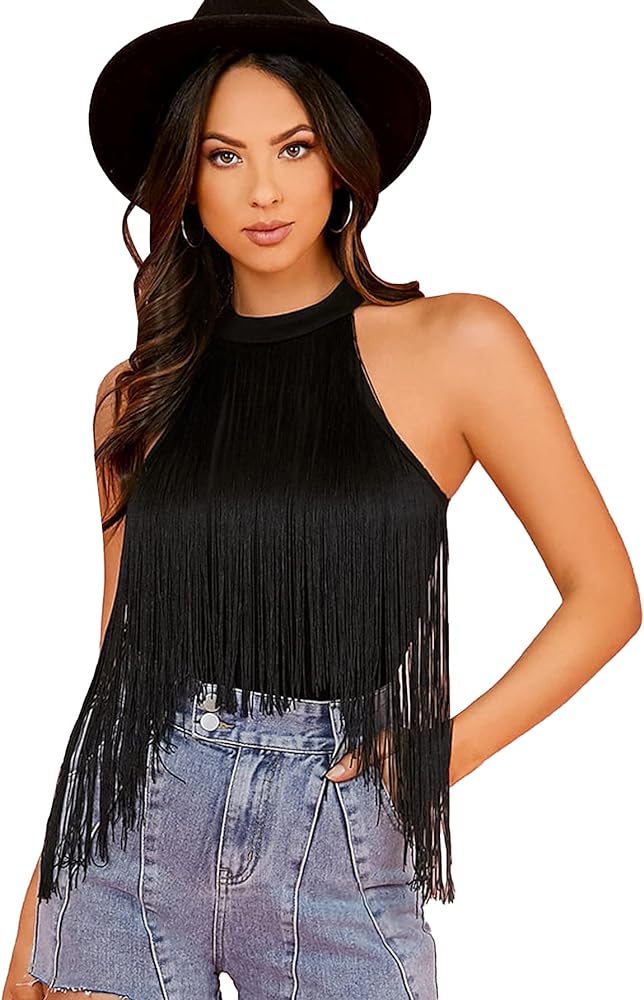 Verdusa Women's Fringe Trim Sleeveless Bodycon Halter Bodysuit Top