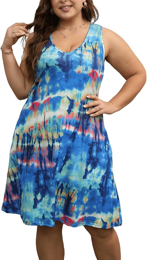 Women Plus Size V Neck Sleeveless Floral Print Pocket T Shirt Dresses Casual Midi Tank Dress Beach Cover up Sundress (XL-5X)