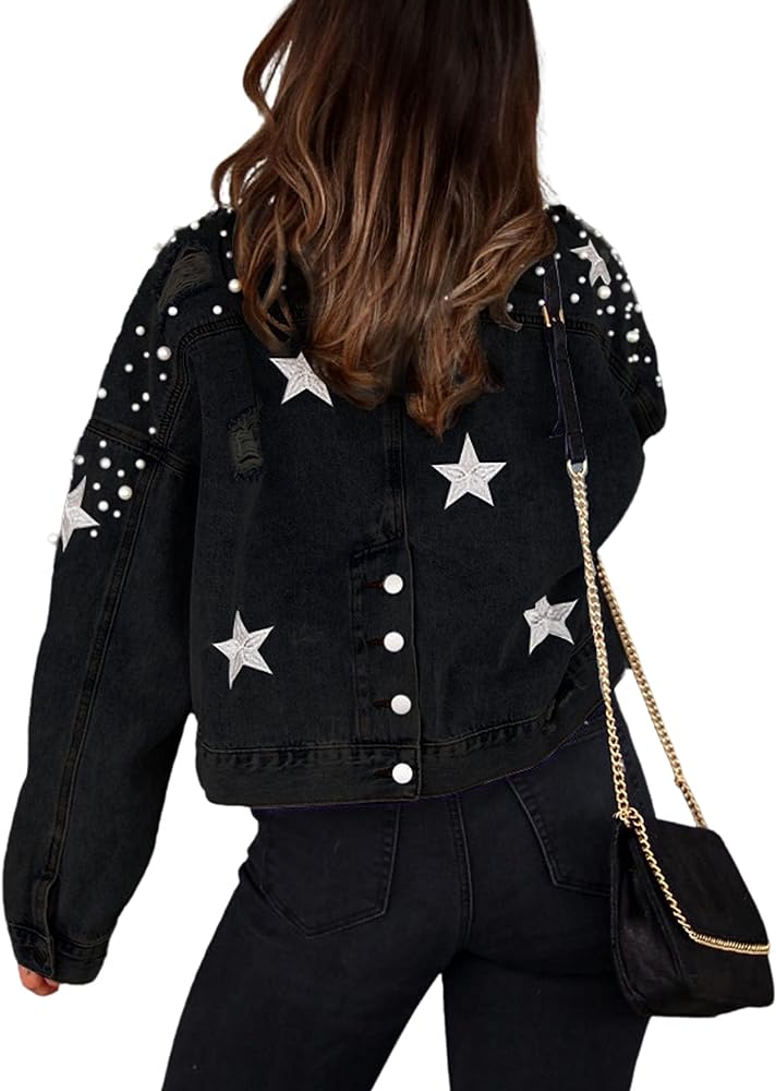 Esmeling Womens Cropped Pearls Beading Jean Jacket Ripped Star Embroidered Denim Jacket Coat