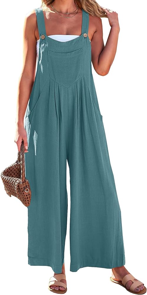 Women's Casual Linen Jumpsuits Overalls Wide Leg Summer Outfits Rompers Jumpers Sleeveless Straps With Pockets