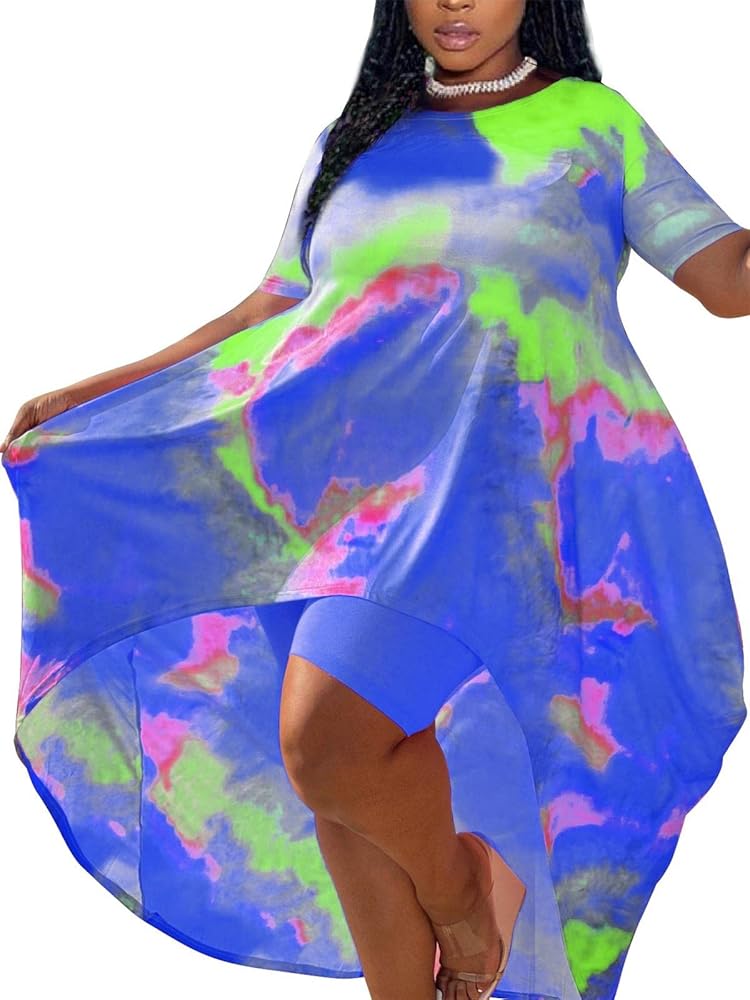 Lucuna Women's 2 Piece Summer Outfits Plus Size Short Sets Tie Dye Irregular Shirt Dress Shorts Sweatsuit