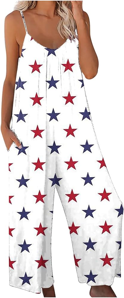 American Flag Graphic Jumpsuits For Women Spaghetti Strap 4th Of July One Piece Outfits Independence Day Pant Rompers