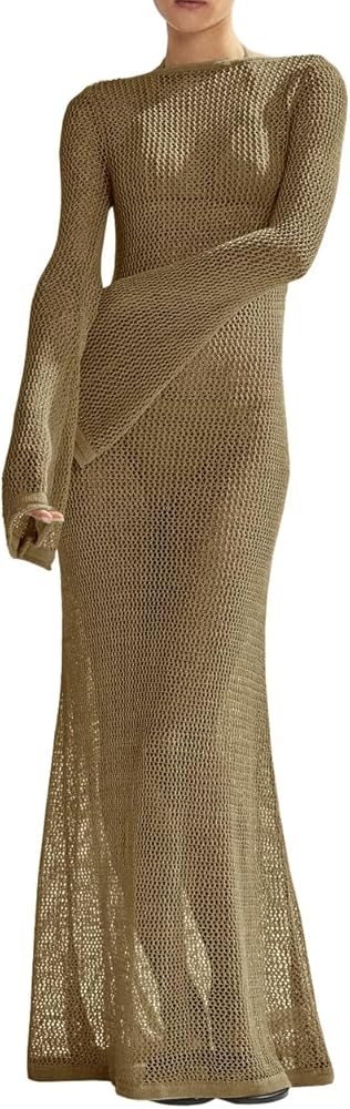 Saodimallsu Womens Crochet Cover Ups Long Sleeve Sexy Mesh Backless Knit Swimsuit Coverup Beach Maxi Dress