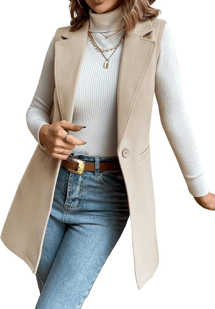 SweatyRocks Women's Elegant Sleeveless Blazer Jacket Vest Open Front Long Cardigan Apricot M