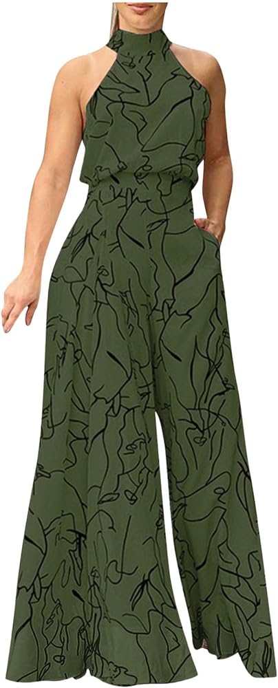 Women's Summer Halter Jumpsuits Dressy Wide Leg Pantsuits Elegant Sleeveless Business Casual Rompers with Pockets