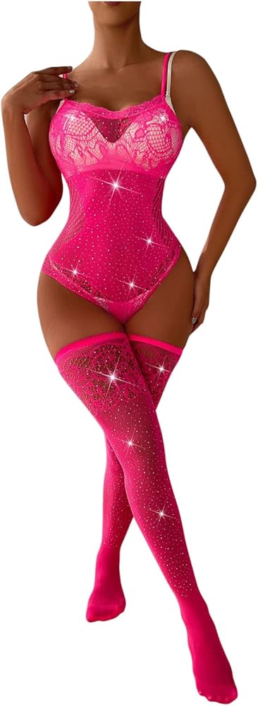 Womens Fishnet Lingerie Set for Sex Naughty Sexy Lace Mesh Sparkly Rhinestone Fishnet Bodysuit with Thigh High Stocking