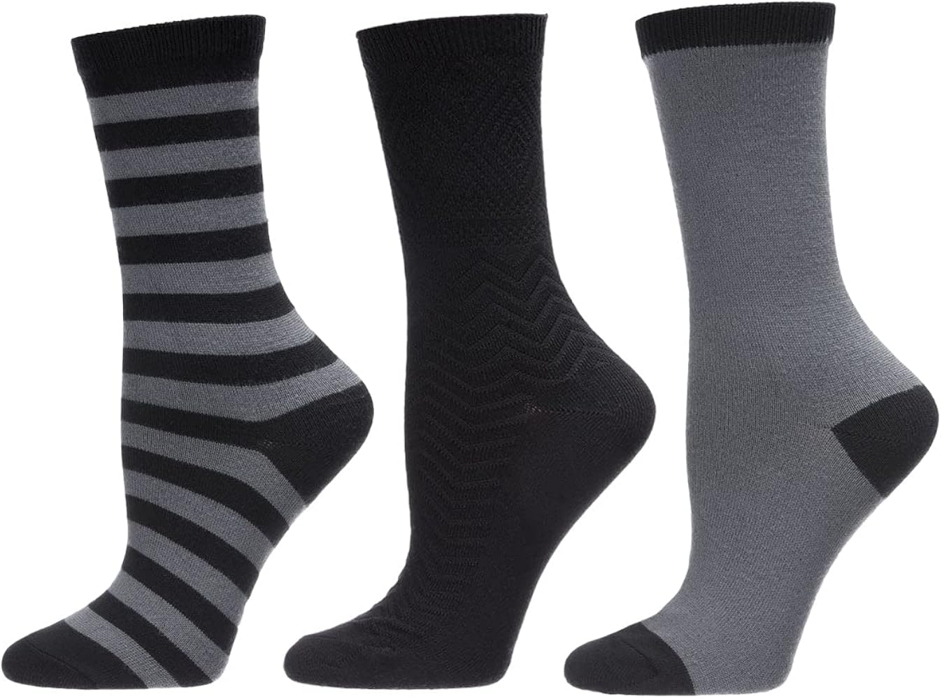 MeMoi Women's 3 Pair Pack Marled Stripe Buttersoft Crew Socks Black 9-11