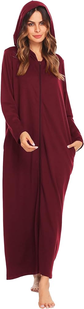 Ekouaer Robe for Women Zipper Robe Loungewear Full Length Sleepwear Pockets Housecoat Casual Straight Robe S-XXL