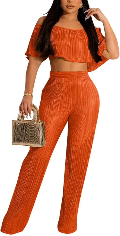 EDITCOZY Two Piece Outfits for Women Casual Backless Off The Shoulder Crop Top High Waist Wide Leg Long Pant Sets