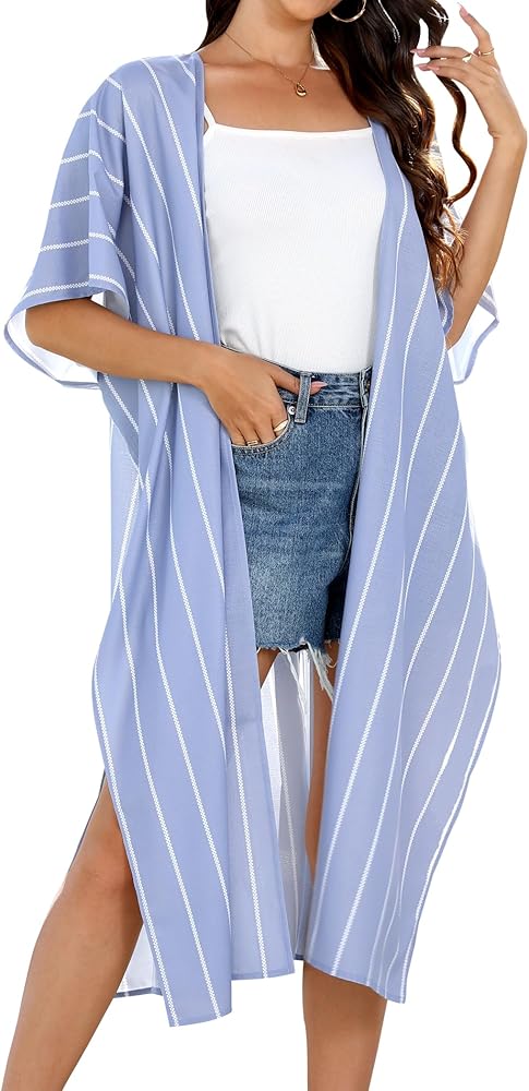 siliteelon Kimono Swimsuit Coverup for Women Beach Plus Size Cover Up Summer Casual Swimwear Stripe Printing Cardigan