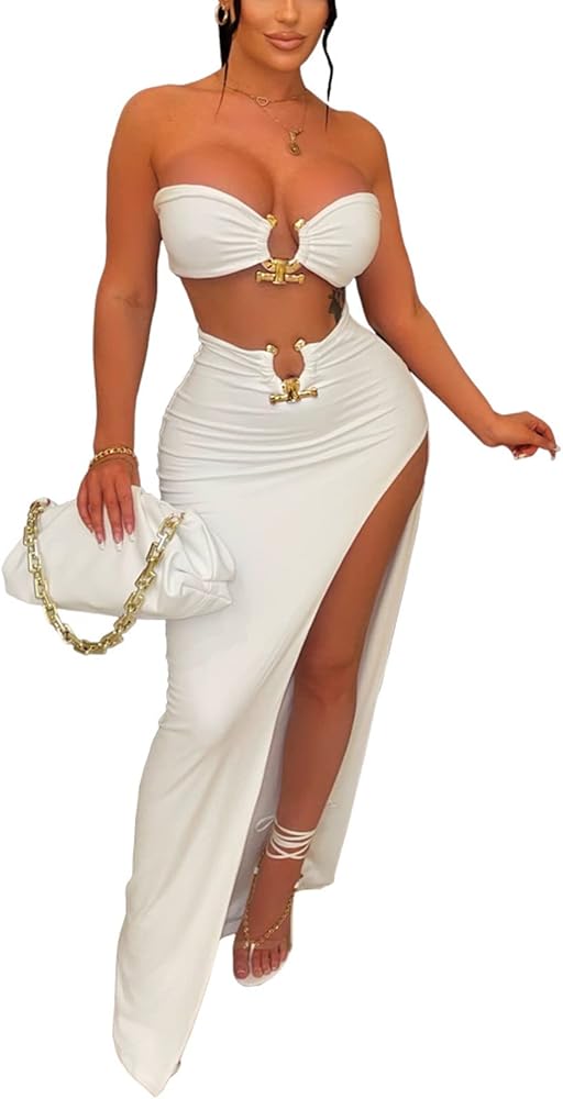 Women's Casual Sleeveless Summer Two Piece Outfits Crop Top and Side Split Draped Ruched Maxi Skirt Set Solid Suiting