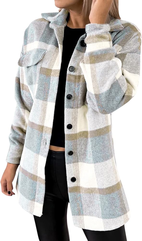 Womens Plaid Shacket Jacket Fall Winter Fleece Lined Button Down Pea Coats Lapel Casual Loose Y2K Shirt Jackets 2023