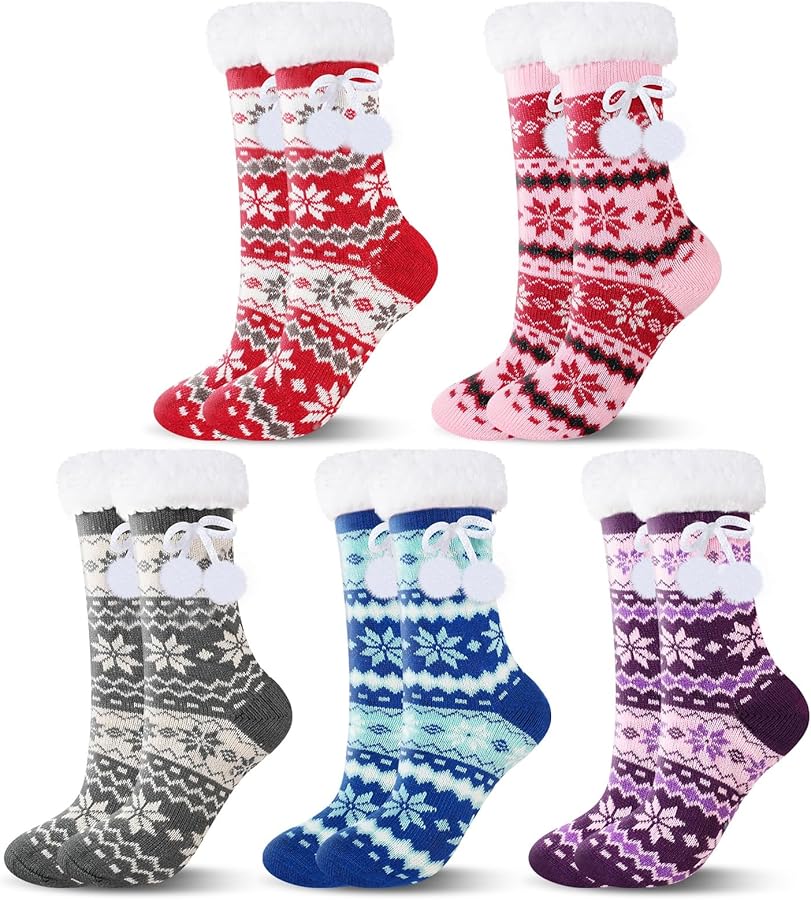 Shihanee 5 Pairs Women Fuzzy Sherpa Slipper Socks Winter Thermal Non Slip Sherpa Socks Christmas Fleece Lined Slipper Socks Gift for Women