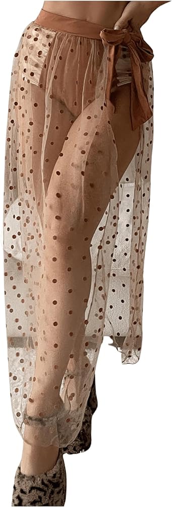 Women's Polka Dots Sheer Mesh Bathing Suit Cover Ups Skirt Tie Side Maxi Skirt Swim Cover Up Swimwear