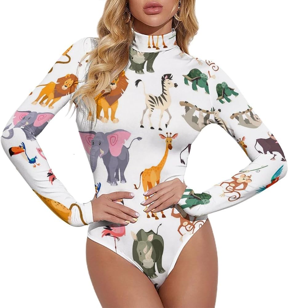 Wild Animals African Safari Women's Bodysuit Tops Turtle Neck Long Sleeve Jumpsuit Print T Shirt