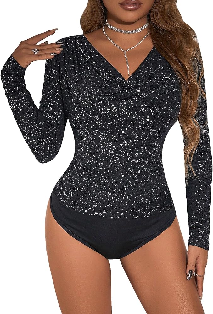 WDIRARA Women's Glitter Draped Cowl Neck Long Sleeve T Shirt Party Tee Tops Bodysuit