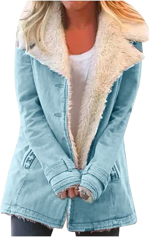 Womens Fuzzy Fleece Jacket Printed Lapel Single-Breasted Long Sleeve Plus Size Outwear Coat Outerwear with Pockets