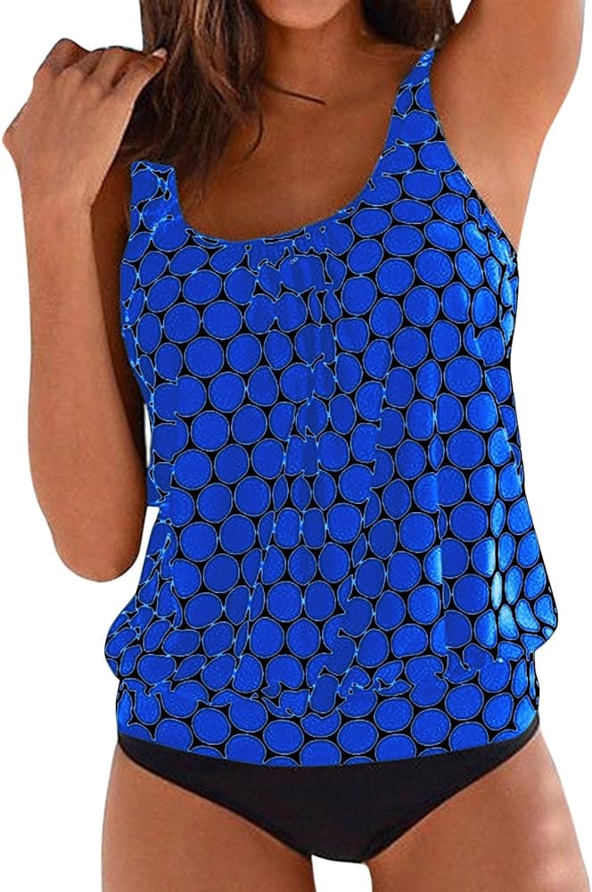 Tankini Swimsuits for Women Polka Dot Print Blouson Tankini Top with Bikini Bottoms Two Piece Bathing Suits