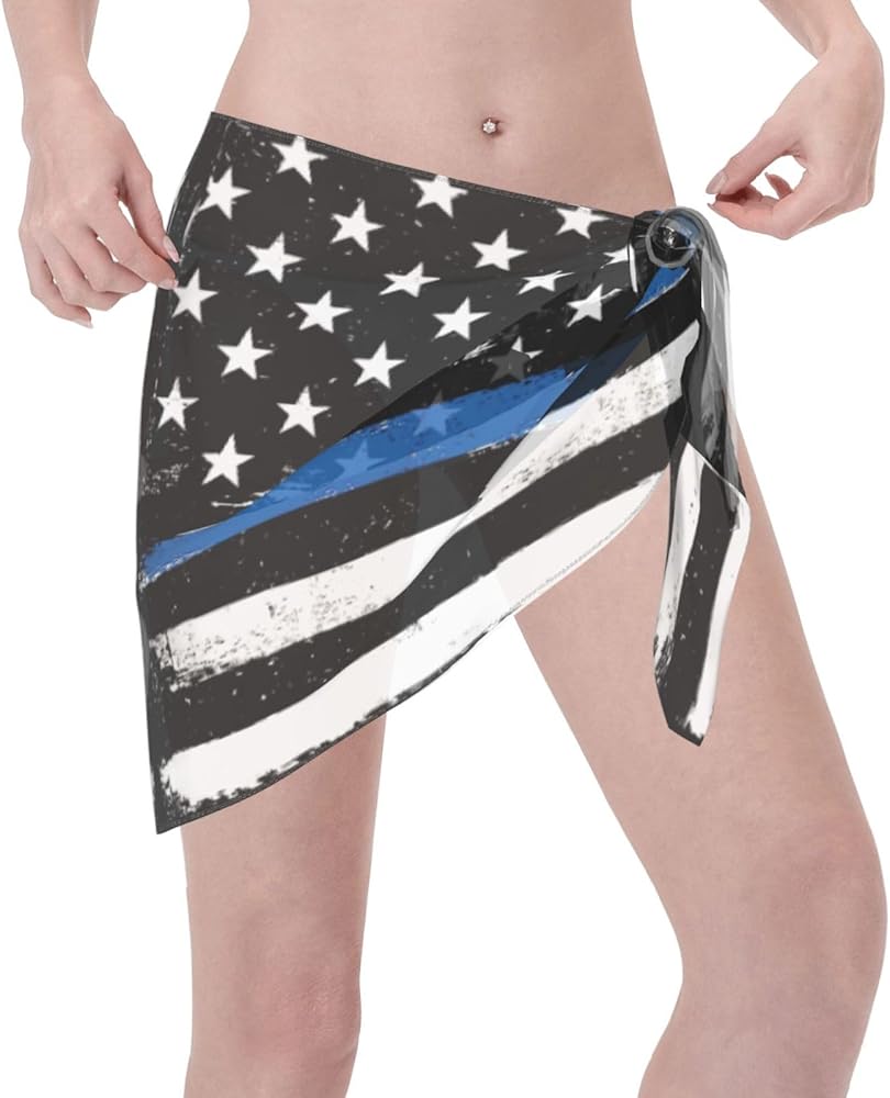 Women'S Sarong Coverups Thin Blue Line Flag Police Short Bathing Suit Wrap Skirt Beach Wrap Swimsuit Cover Ups