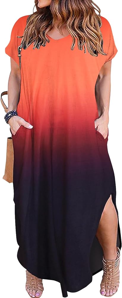 Kancystore Women's Plus Size Dresses Casual Loose Pocket Short Sleeve Slits Plus Size Long Maxi Dress XL-5X