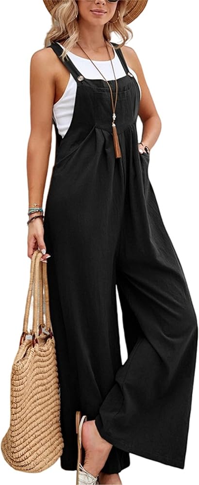 Mingzhu Casual Sleeveless Jumpsuits for Women Wide Leg Long Baggy Overalls with Pockets