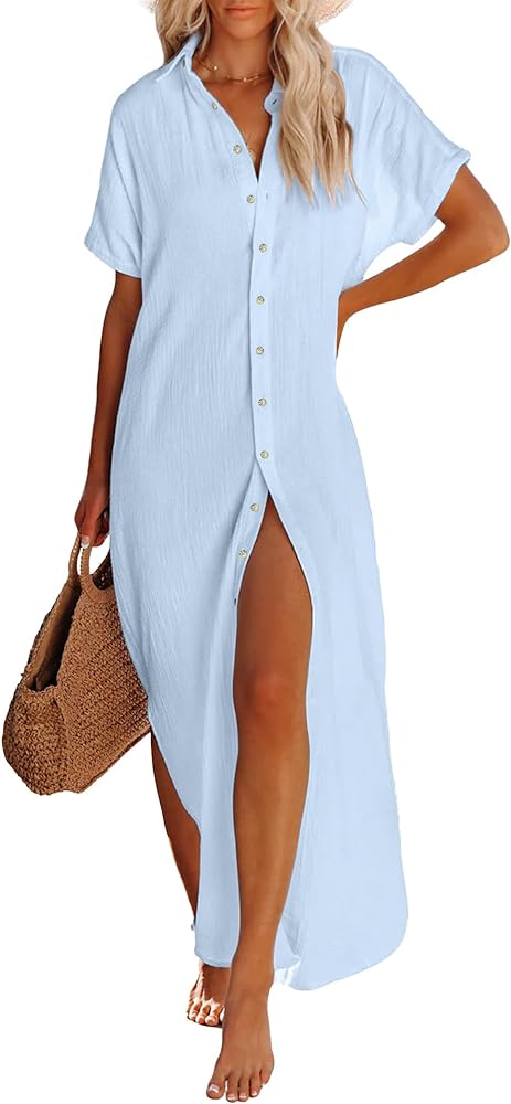 Breezy Lane Long Button Down Beach Cover Up for Women Short Sleeve Swimsuit Coverup Bathing Suit Cover Ups