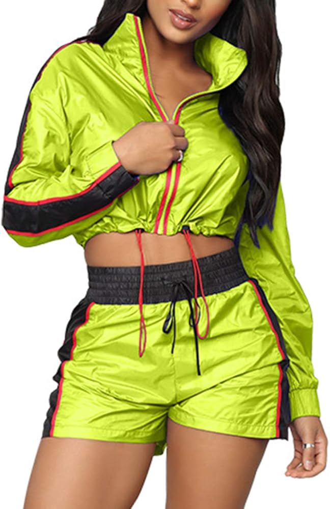 Women's 2 Piece Outfits Color Block Tracksuit Lightweight Windbreaker Stripe Long Sleeve Zip Up Crop Top Shorts Set