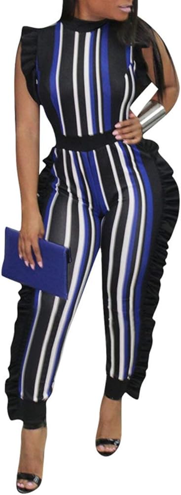 xxxiticat Women's Africa Style Striped Jumpsuit Plus Size Romper Colorful Sleeveless Long Pants Ruffle Overalls Sexy Clubwear